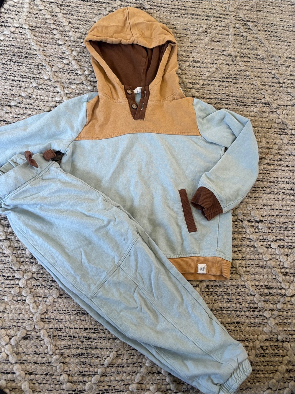 Kids Hooded Pullover Puffer Set in Light Blue and Tan Accent